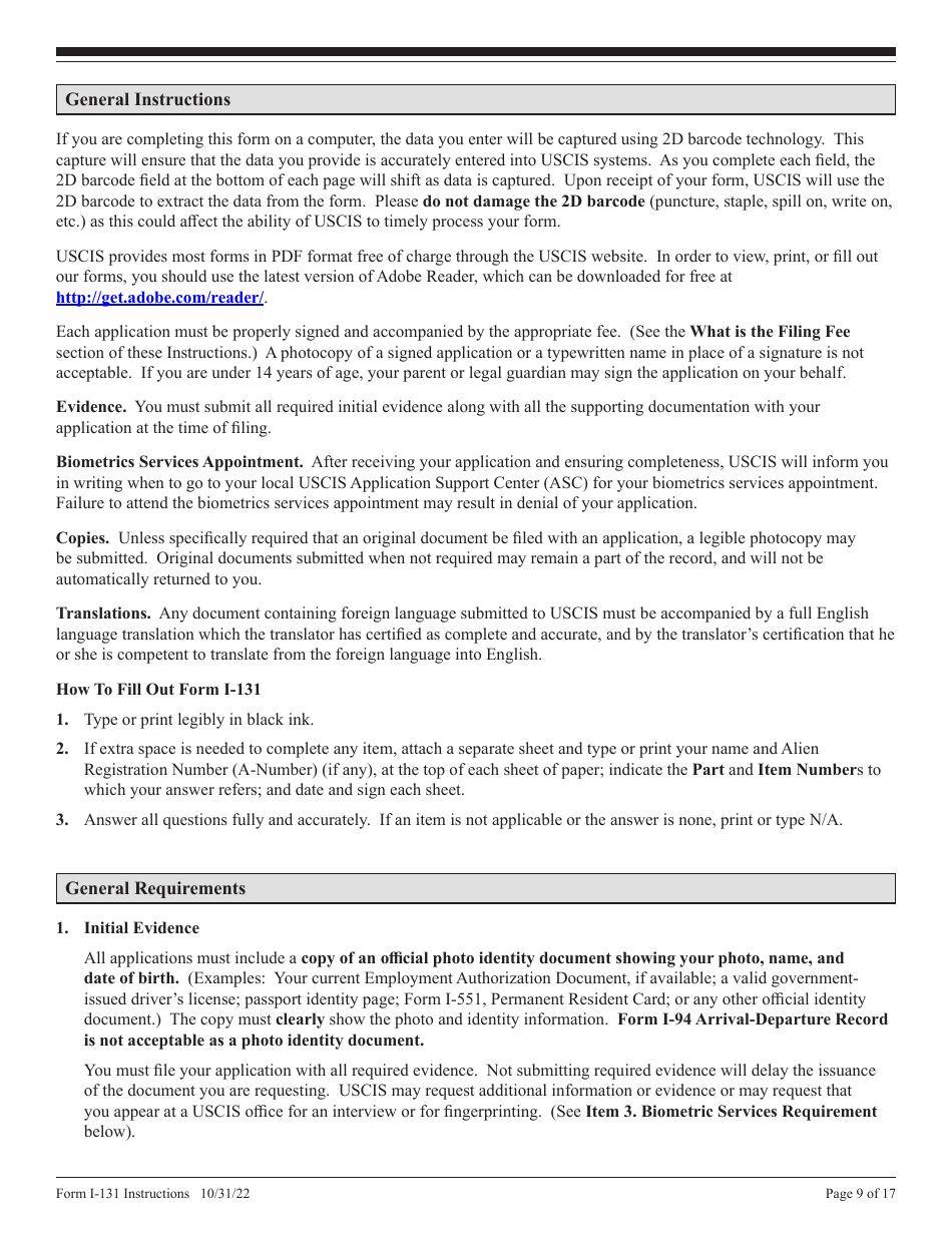 Instructions for USCIS Form I-131 Application for Travel Document, Page 9