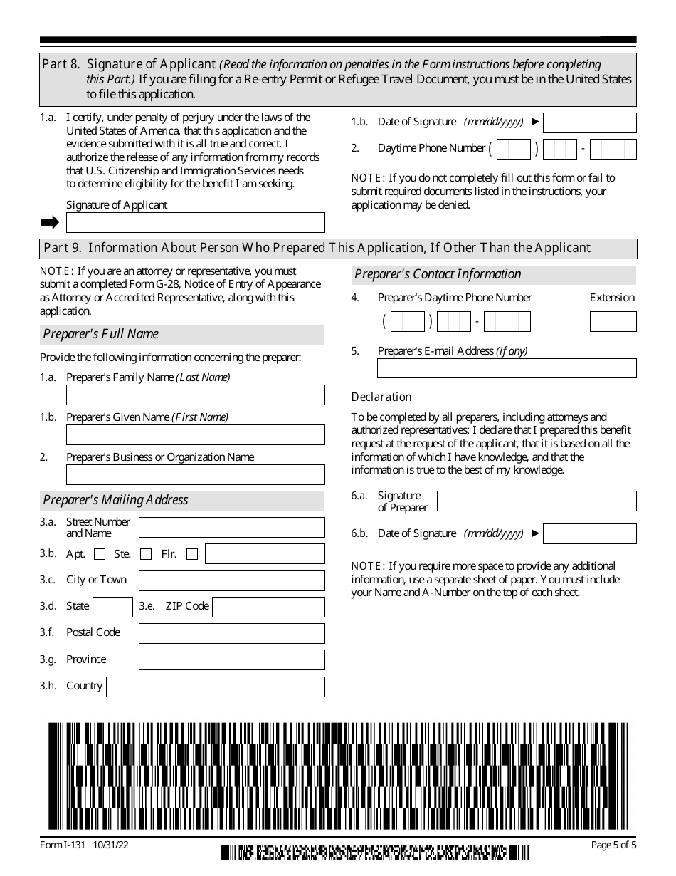 USCIS Form I131 Download Fillable PDF or Fill Online Application for