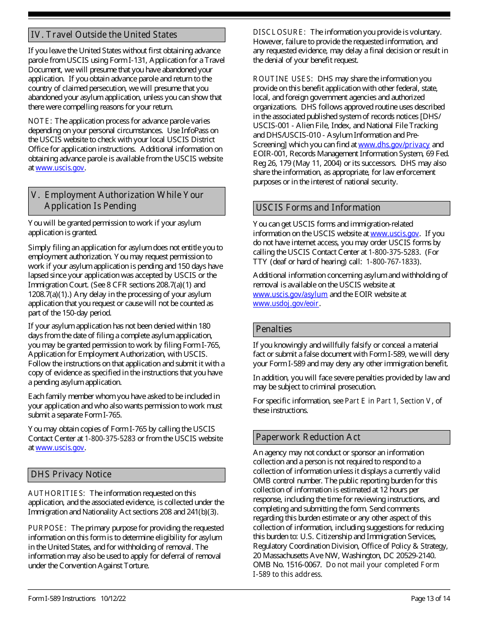 Instructions for USCIS Form I-589 Application for Asylum and for Withholding of Removal, Page 13