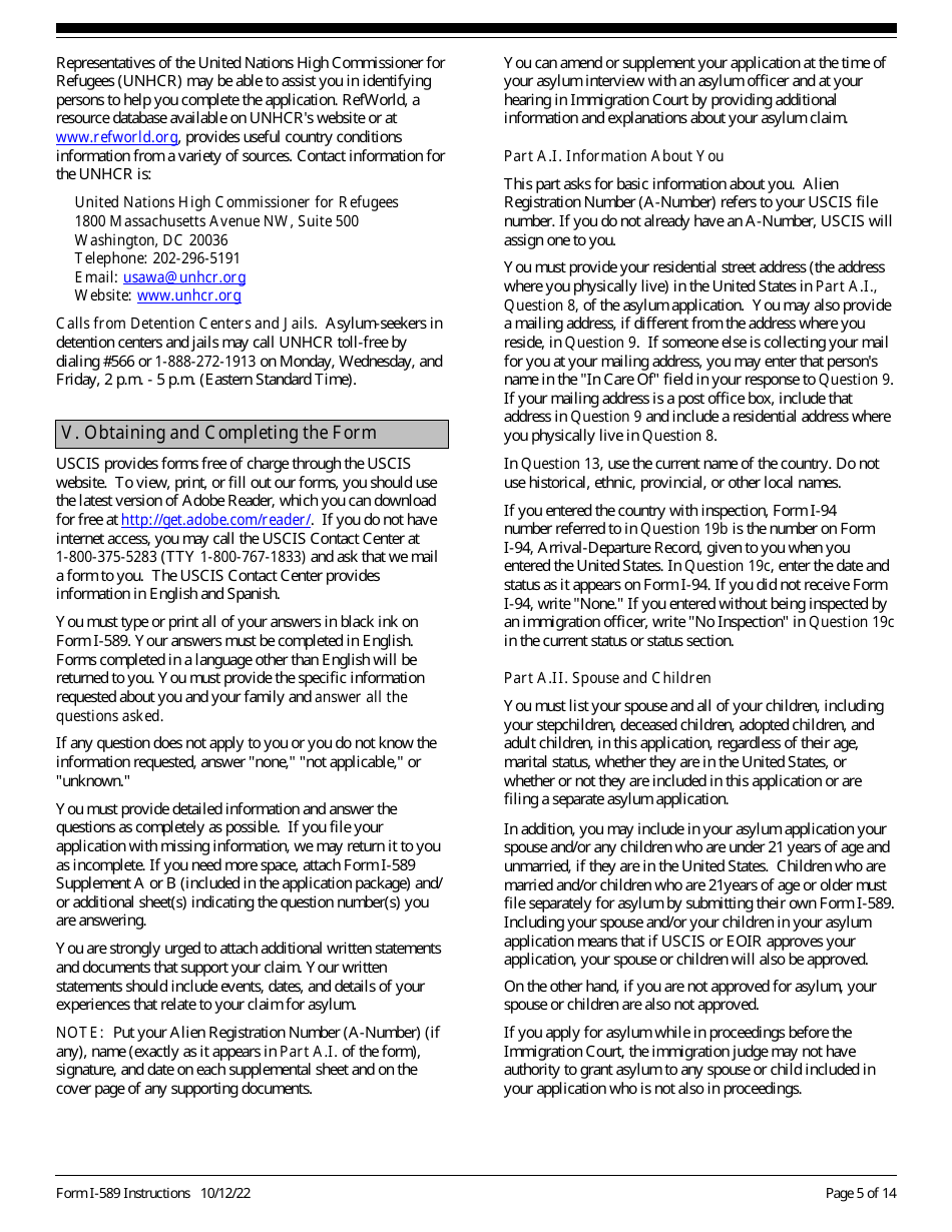 Instructions for USCIS Form I-589 Application for Asylum and for Withholding of Removal, Page 5