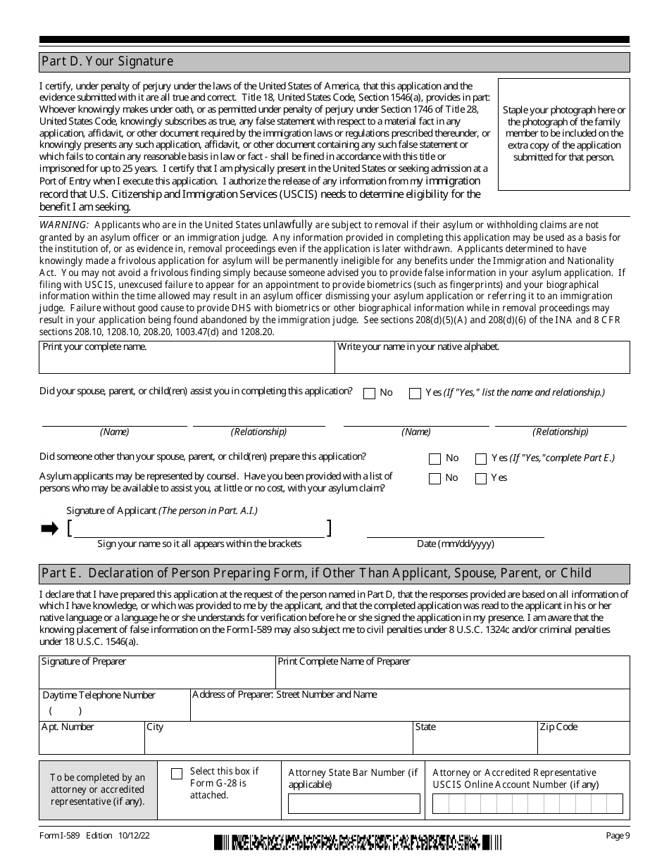 USCIS Form I589 Download Fillable PDF or Fill Online Application for