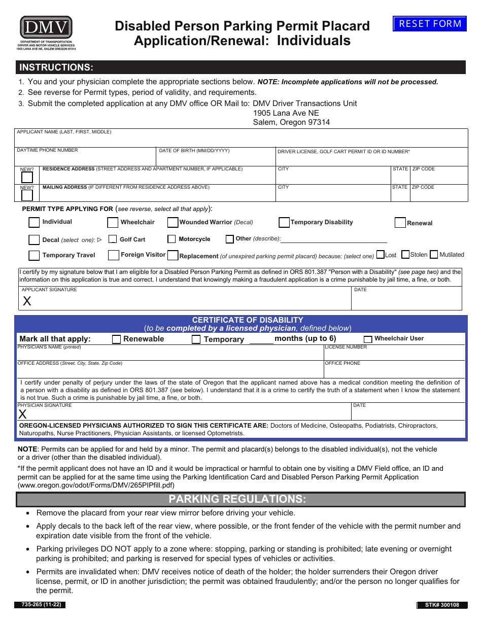 Form 735-265 Disabled Person Parking Permit Placard Application / Renewal - Individuals - Oregon, Page 1