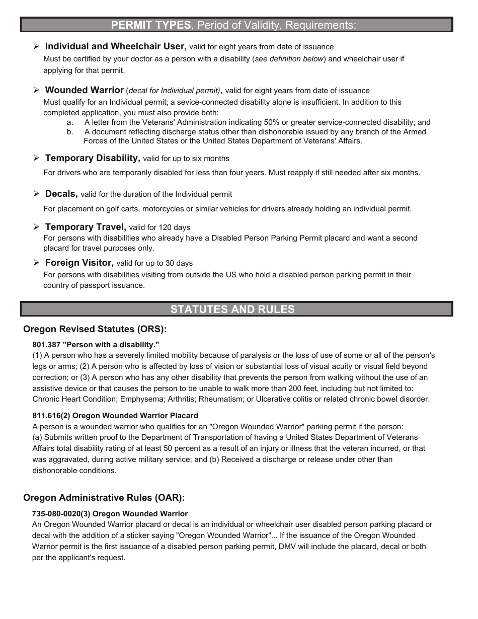 Form 735-265 Disabled Person Parking Permit Placard Application / Renewal - Individuals - Oregon, Page 2