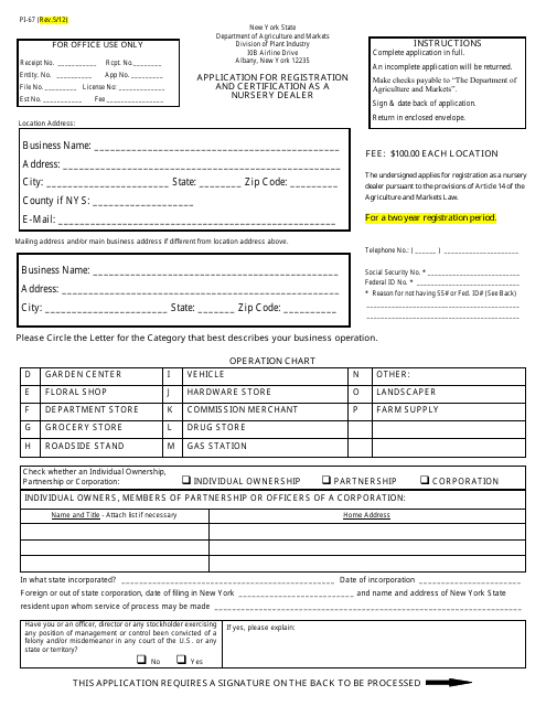 Form PI-67 Application for Registration and Certification as a Nursery Dealer - New York