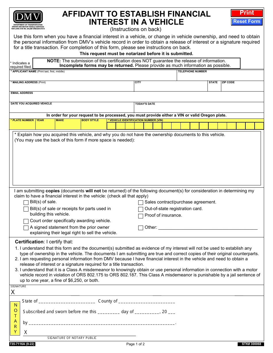 Form 735-7116A Affidavit to Establish Financial Interest in a Vehicle - Oregon, Page 1