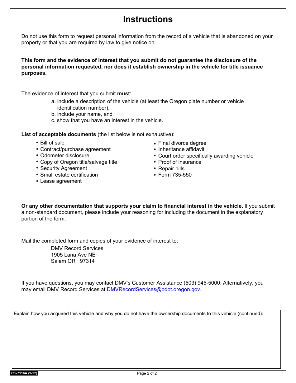 Form 735-7116A Affidavit to Establish Financial Interest in a Vehicle - Oregon, Page 2