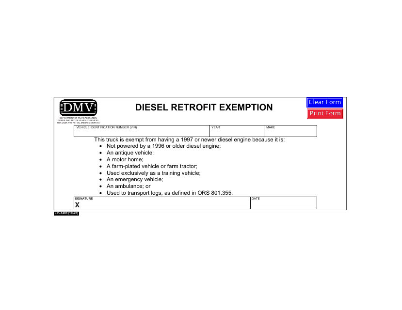 Form 735-1403 Diesel Retrofit Exemption - Oregon