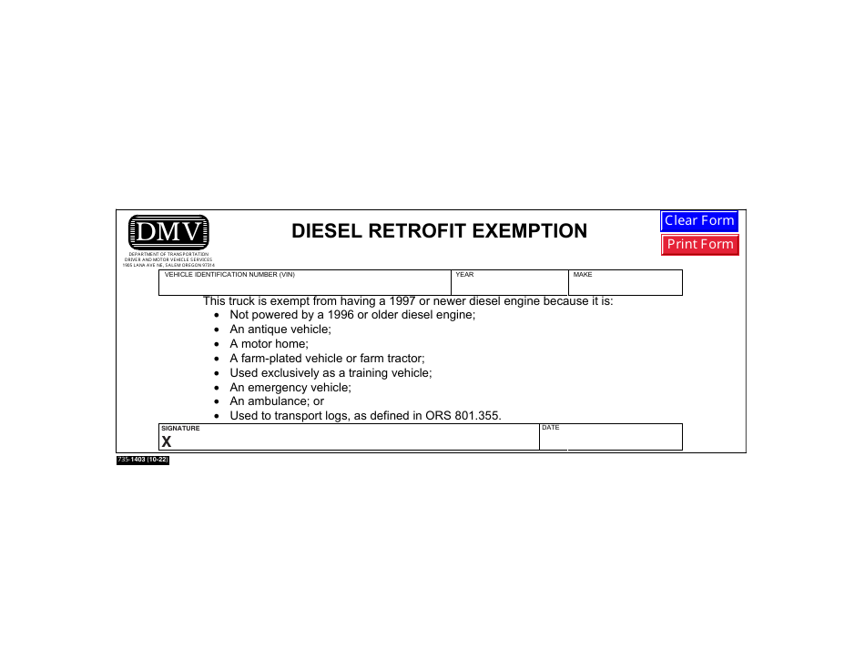 Form 735-1403 Diesel Retrofit Exemption - Oregon, Page 1