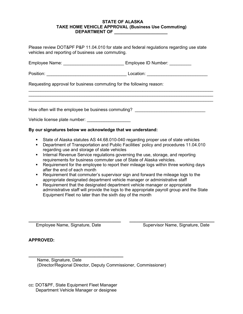 Take Home Vehicle Approval (Business Use Commuting) - Alaska, Page 1
