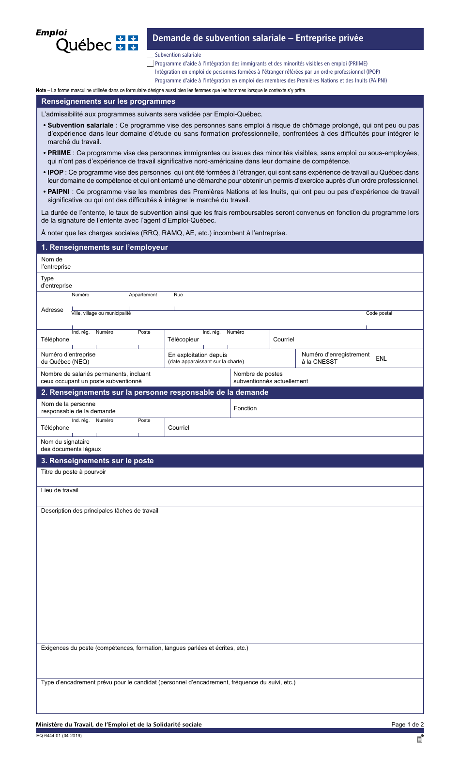 Forme EQ-6444-01 Demande De Subvention Salariale - Entreprise Privee - Quebec, Canada (French), Page 1