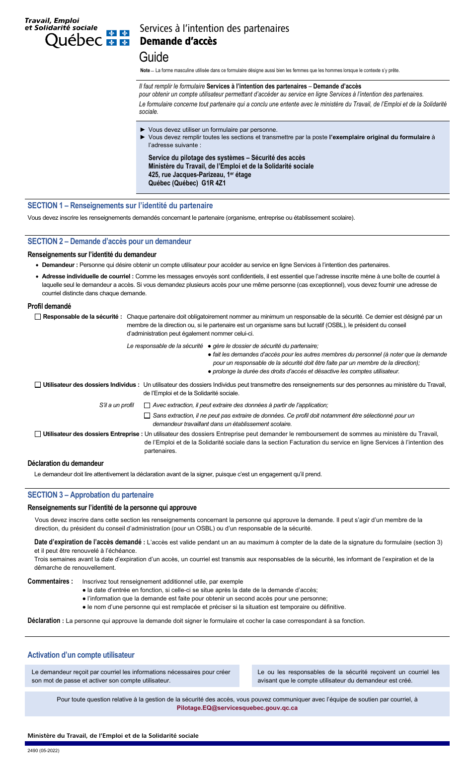 Forme 2490 Services a Lintention DES Partenaires Demande Dacces - Quebec, Canada (French), Page 1