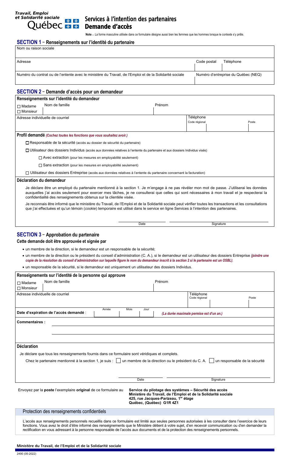 Forme 2490 Services a Lintention DES Partenaires Demande Dacces - Quebec, Canada (French), Page 2