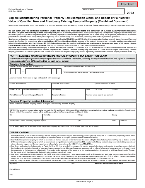 Form 5278 Eligible Manufacturing Personal Property Tax Exemption Claim, Personal Property Statement, and Report of Fair Market Value of Qualified New and Previously Existing Personal Property (Combined Document) - Michigan, 2023