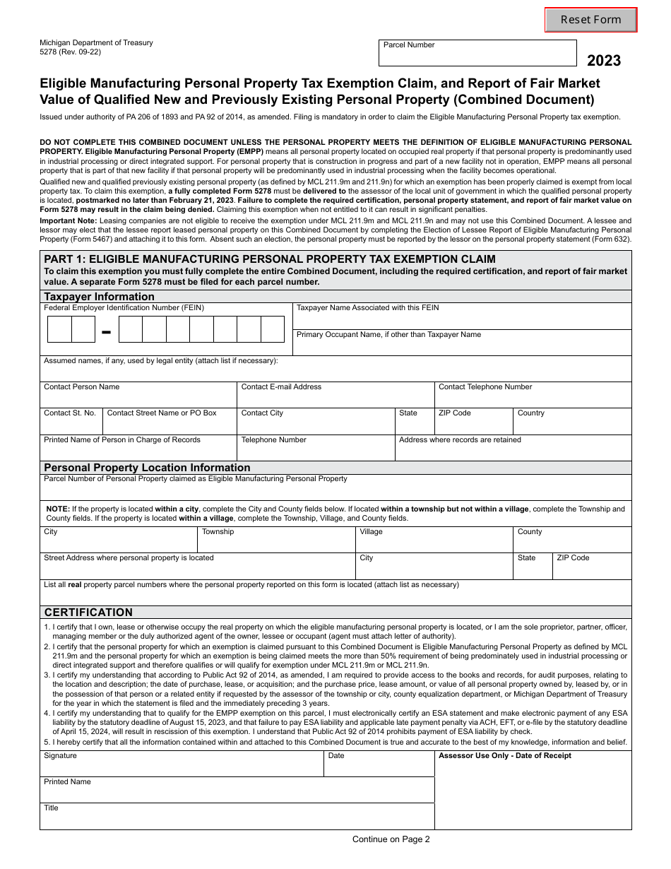 Form 5278 Eligible Manufacturing Personal Property Tax Exemption Claim, Personal Property Statement, and Report of Fair Market Value of Qualified New and Previously Existing Personal Property (Combined Document) - Michigan, Page 1