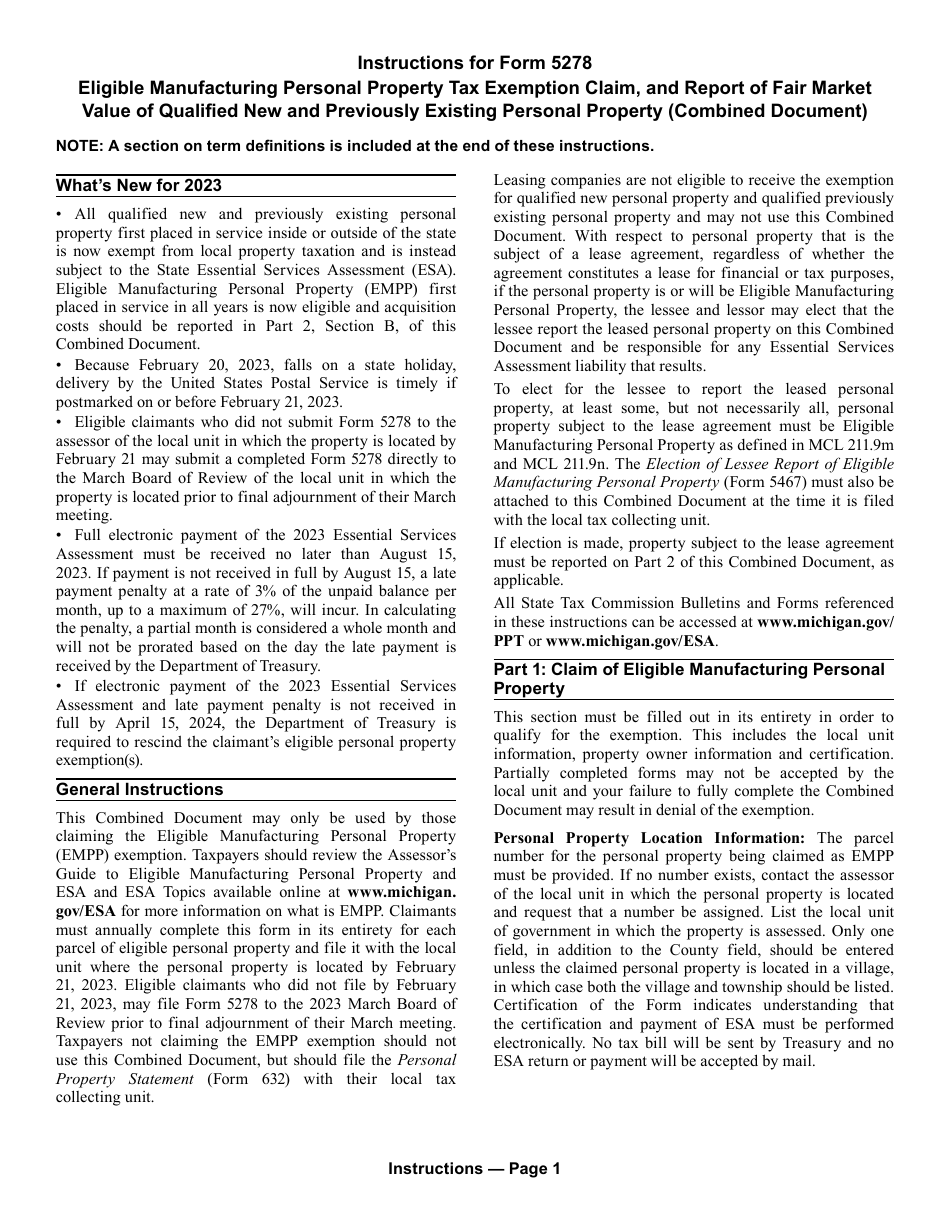 Form 5278 Eligible Manufacturing Personal Property Tax Exemption Claim, Personal Property Statement, and Report of Fair Market Value of Qualified New and Previously Existing Personal Property (Combined Document) - Michigan, Page 3
