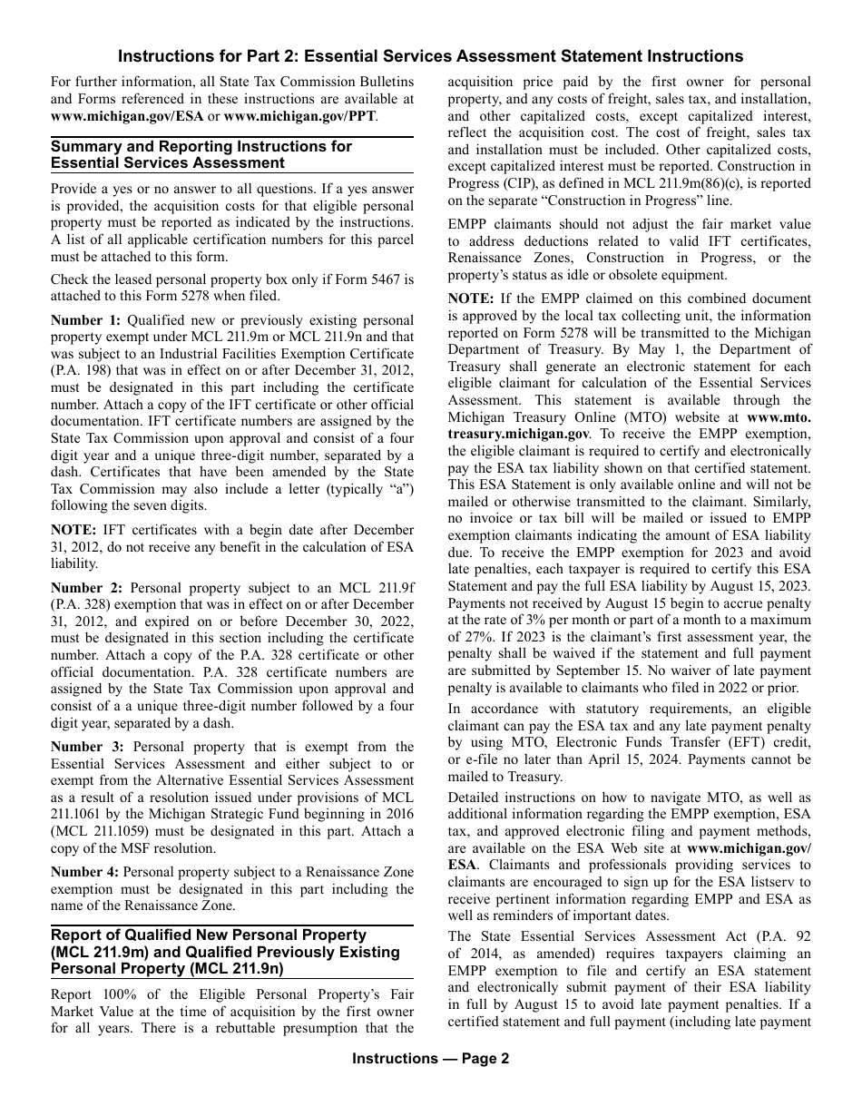 Form 5278 Eligible Manufacturing Personal Property Tax Exemption Claim, Personal Property Statement, and Report of Fair Market Value of Qualified New and Previously Existing Personal Property (Combined Document) - Michigan, Page 4