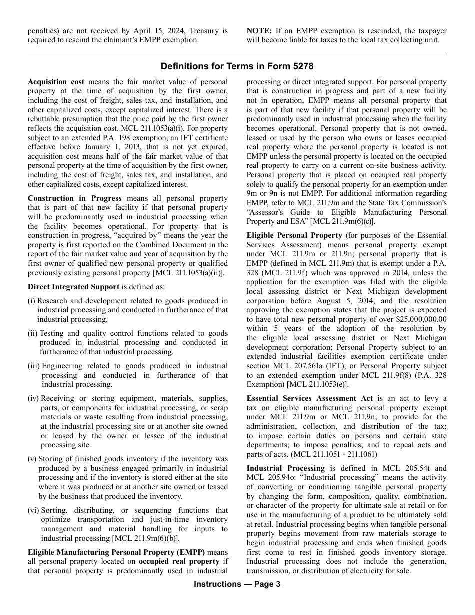 Form 5278 Eligible Manufacturing Personal Property Tax Exemption Claim, Personal Property Statement, and Report of Fair Market Value of Qualified New and Previously Existing Personal Property (Combined Document) - Michigan, Page 5