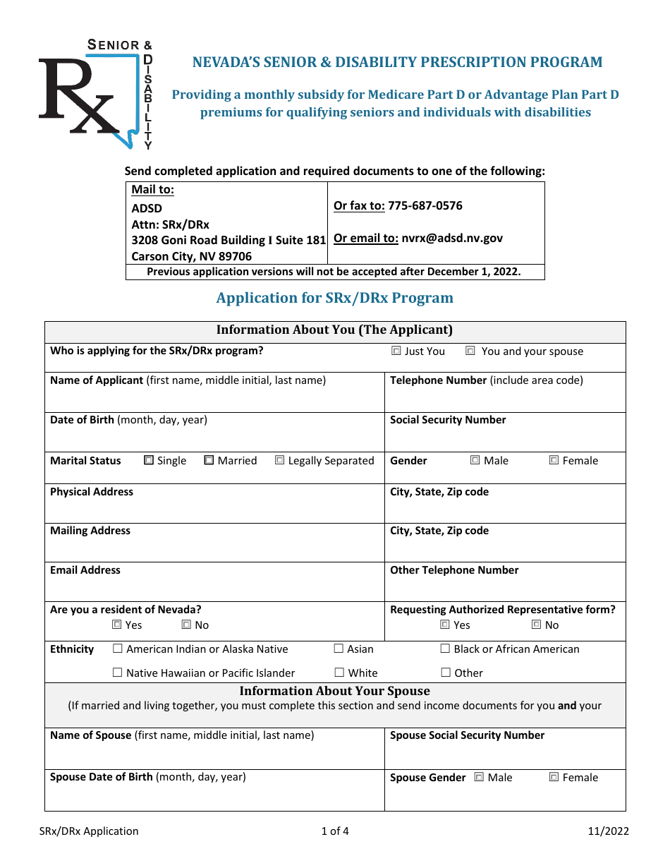Application for Srx / Drx Program - Nevada, Page 1