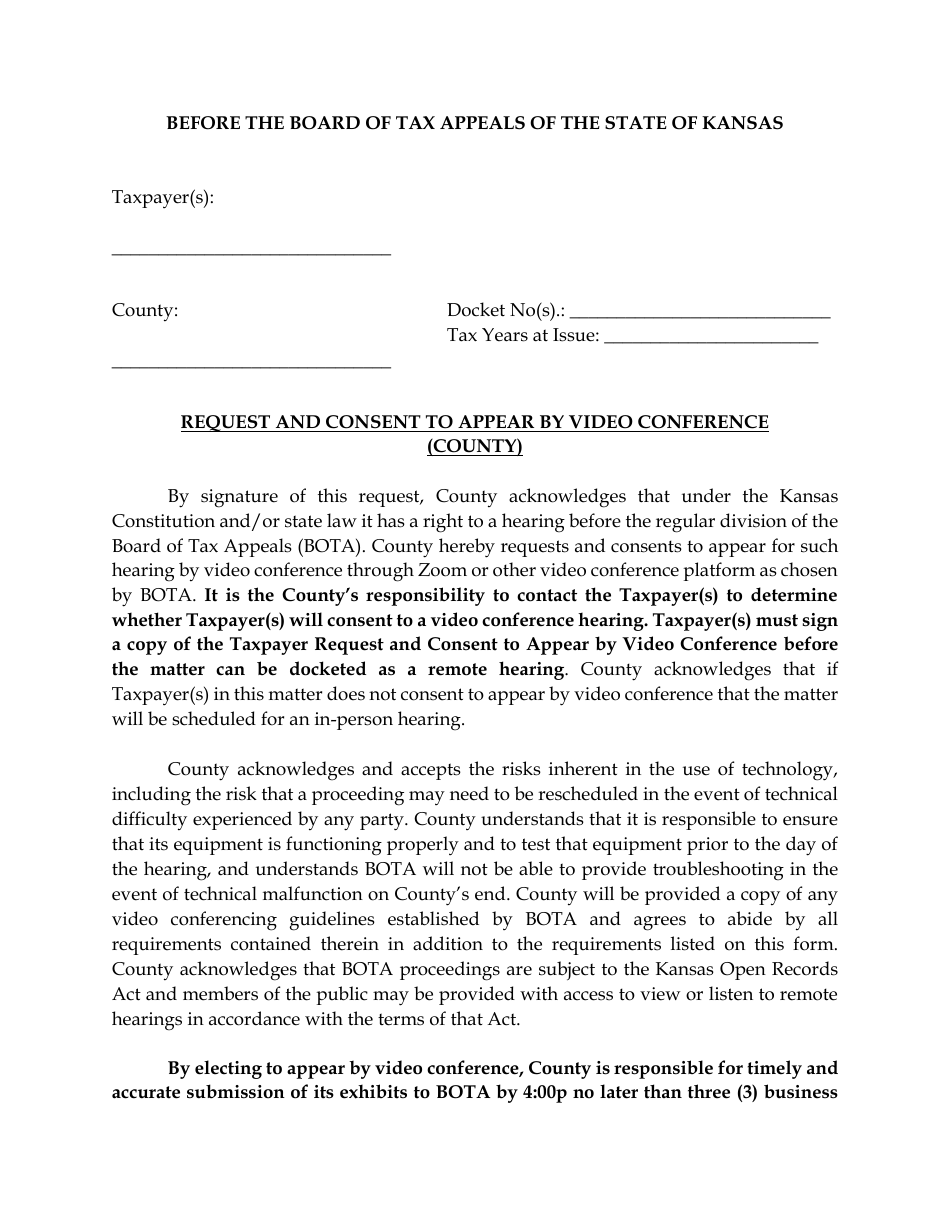 Request and Consent to Appear by Video Conference (County) - Kansas, Page 1