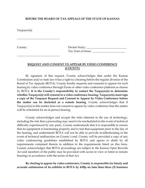 Request and Consent to Appear by Video Conference (County) - Kansas