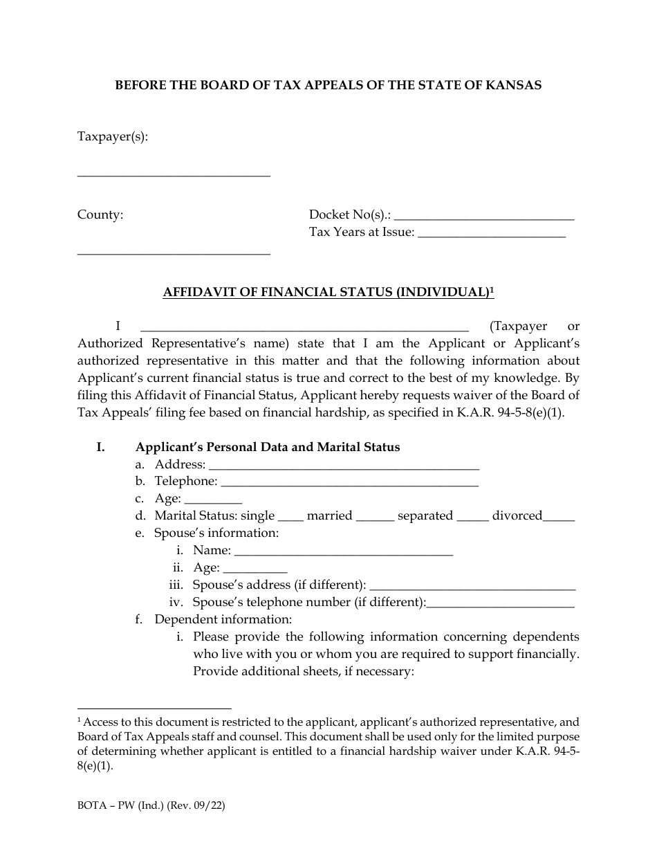 Form BOTA-PW Affidavit of Financial Status (Individual) - Kansas, Page 1