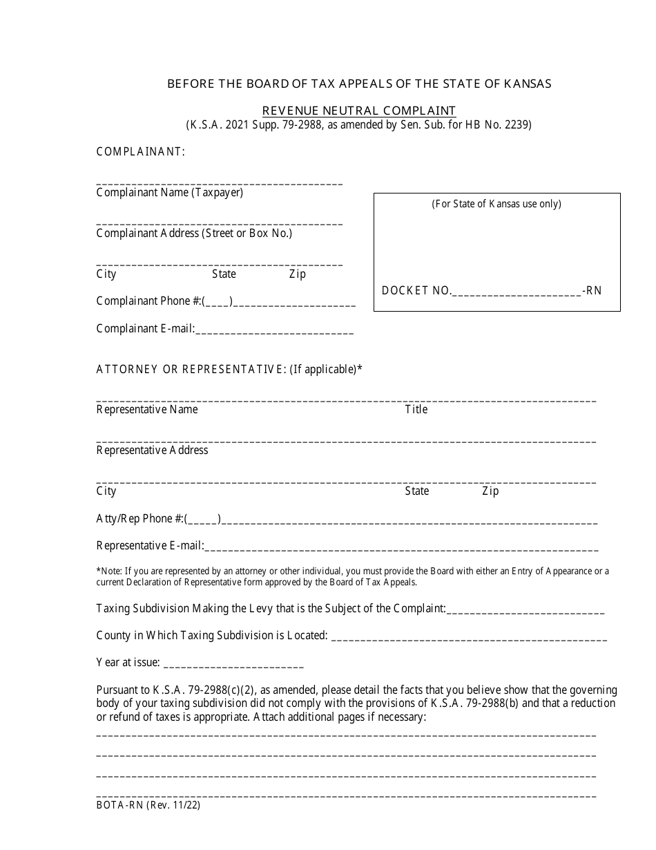 Form BOTA-RN Revenue Neutral Complaint - Kansas, Page 1