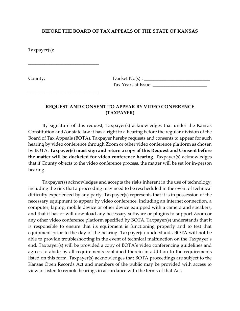 Request and Consent to Appear by Video Conference (Taxpayer) - Kansas, Page 1