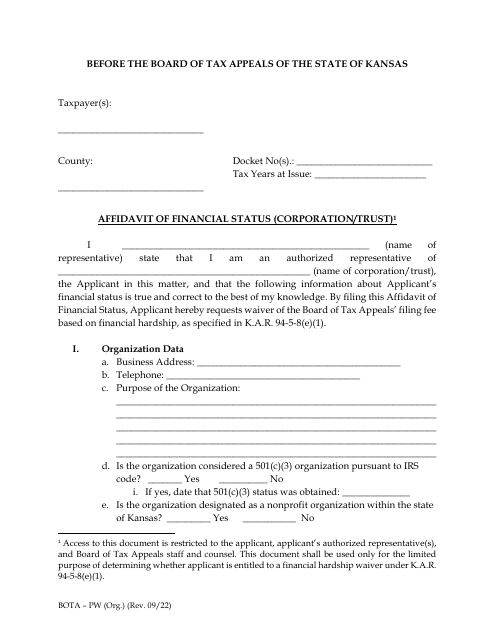 Affidavit of Financial Status (Corporation/Trust) - Kansas