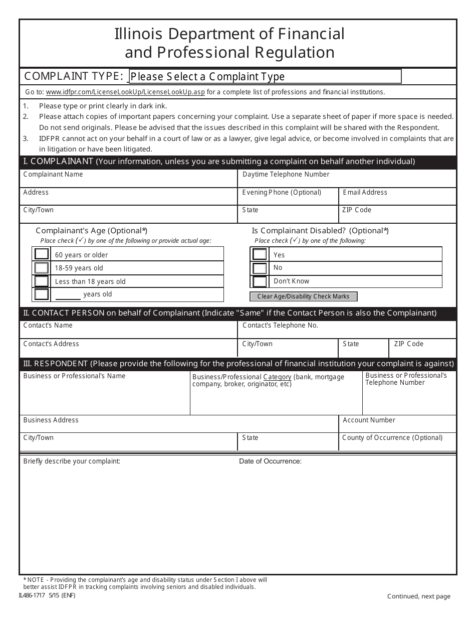 Form IL486-1717 Complaint Form - Illinois, Page 1