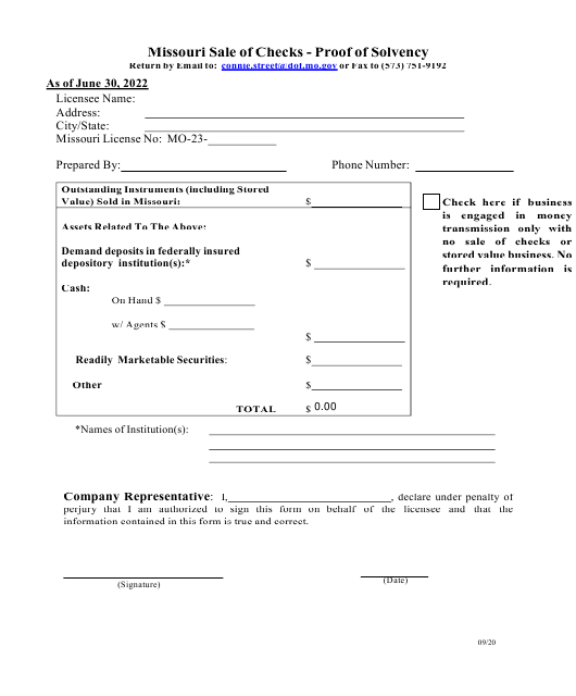 Missouri Missouri Sale of Checks Proof of Solvency Download Fillable