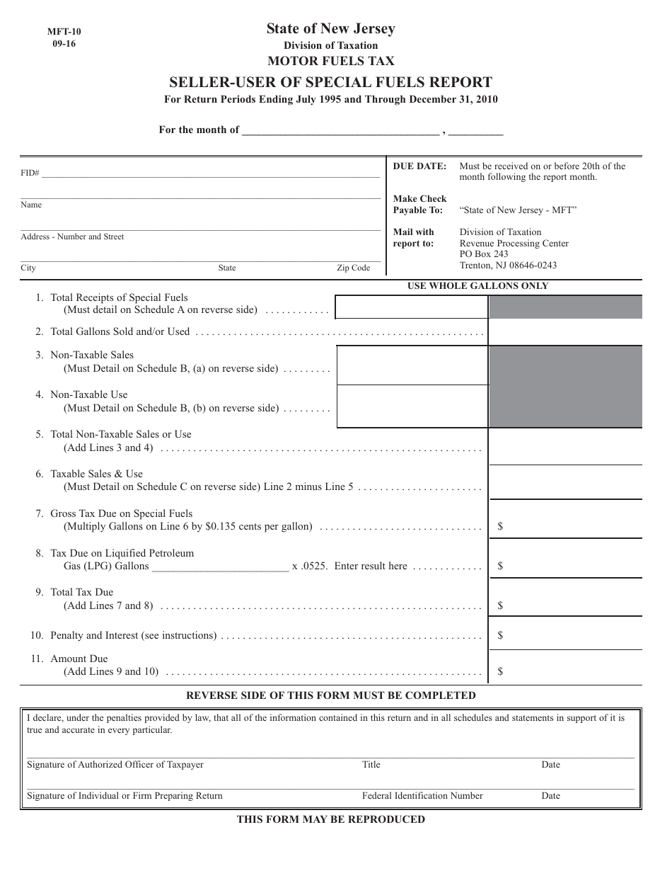 Form MFT-10 Seller-User of Special Fuels Report - New Jersey, Page 1