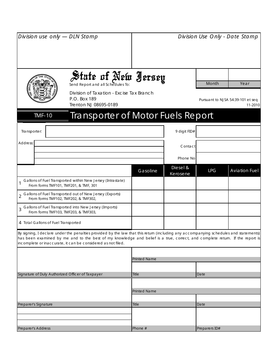 Form TMF-10 Transporter of Motor Fuels Report - New Jersey, Page 1