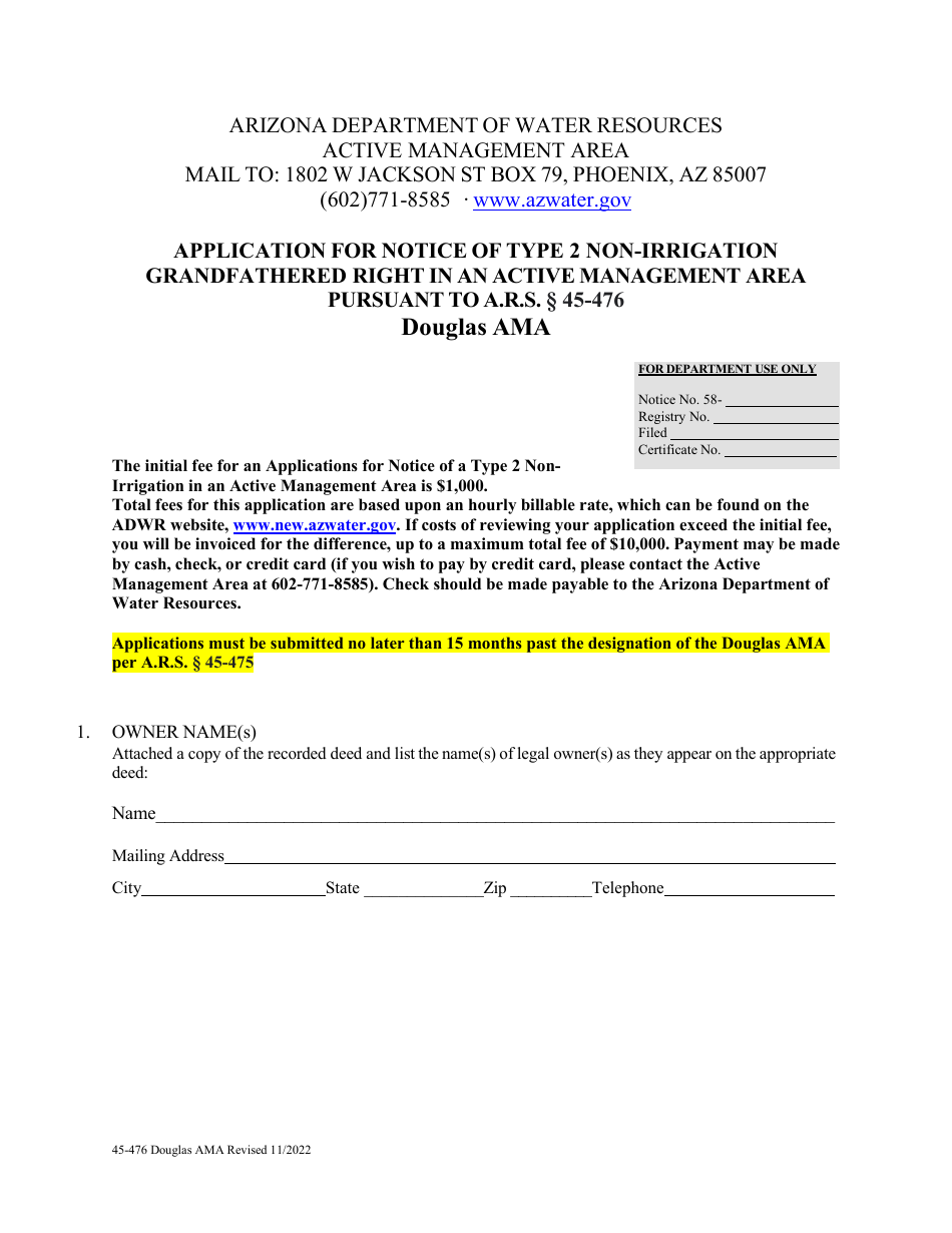 Form 45-476 Application for Notice of Type 2 Non-irrigation Grandfathered Right in an Active Management Area Pursuant to a.r.s. 45-476 - Douglas Ama - Arizona, Page 1