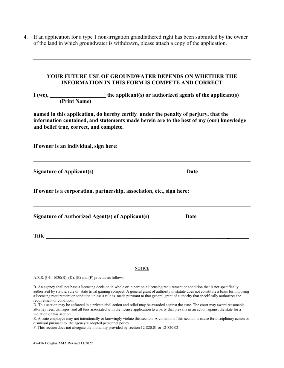 Form 45-476 Application for Notice of Type 2 Non-irrigation Grandfathered Right in an Active Management Area Pursuant to a.r.s. 45-476 - Douglas Ama - Arizona, Page 3