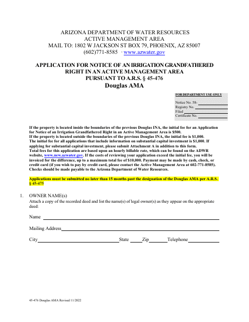 Form 45-476 Application for Notice of an Irrigation Grandfathered Right in an Active Management Area Pursuant to a.r.s. 45-476 - Douglas Ama - Arizona