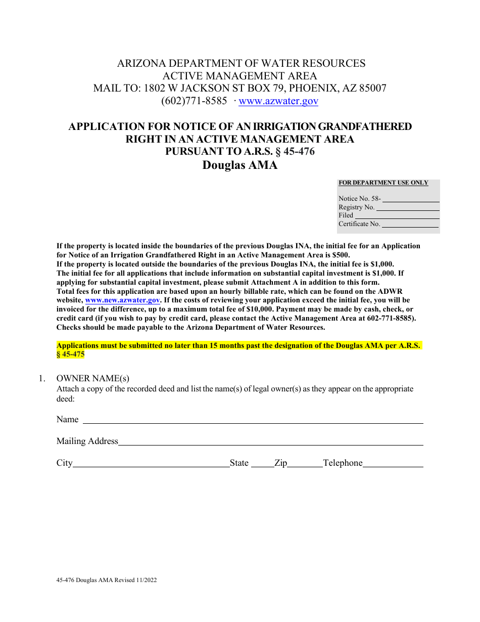 Form 45-476 Application for Notice of an Irrigation Grandfathered Right in an Active Management Area Pursuant to a.r.s. 45-476 - Douglas Ama - Arizona, Page 1