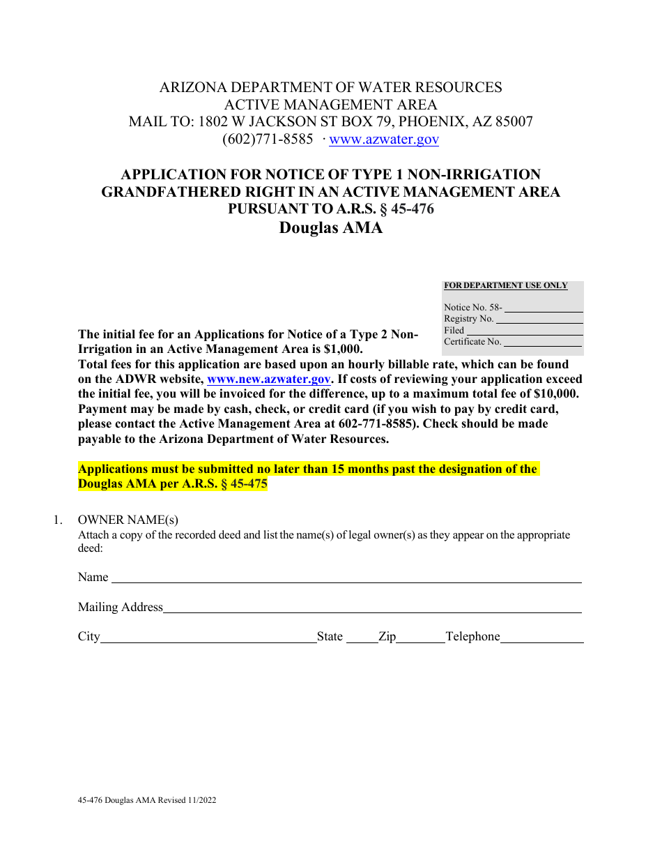 Form 45-476 Application for Notice of Type 1 Non-irrigation Grandfathered Right in an Active Management Area Pursuant to a.r.s. 45-476 - Douglas Ama - Arizona, Page 1