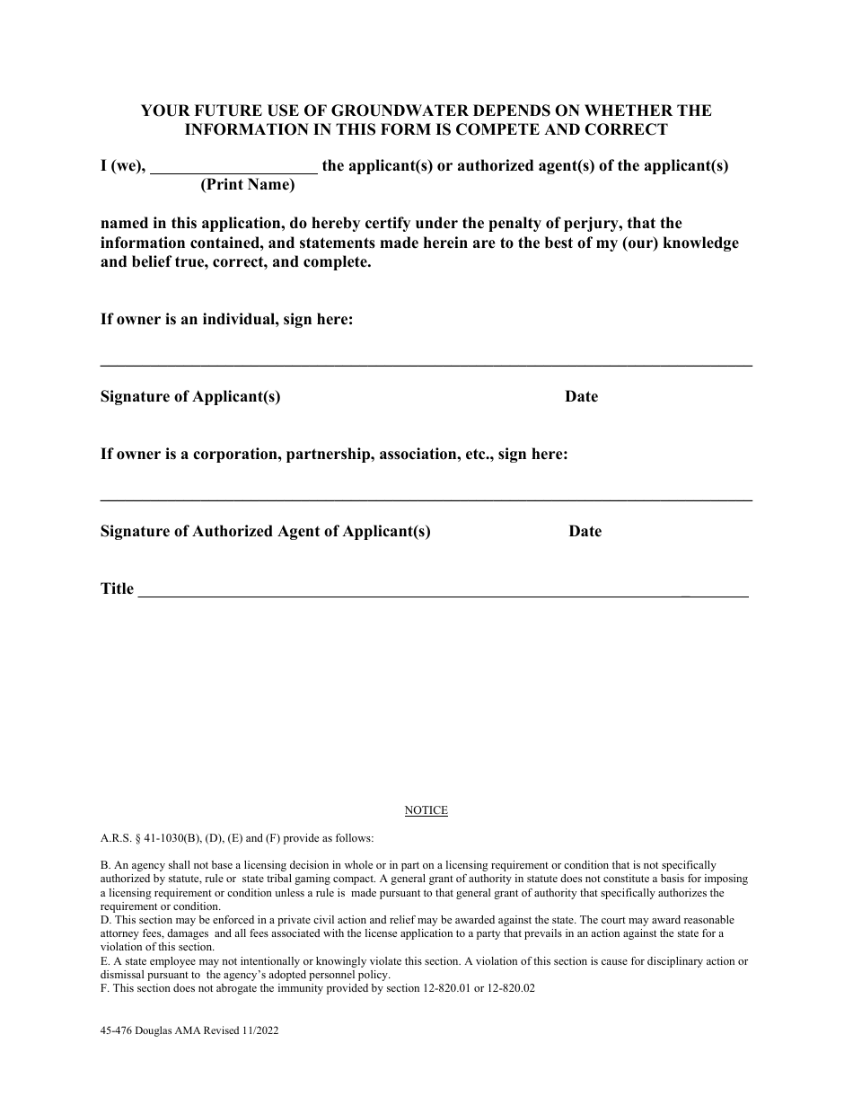 Form 45-476 Application for Notice of Type 1 Non-irrigation Grandfathered Right in an Active Management Area Pursuant to a.r.s. 45-476 - Douglas Ama - Arizona, Page 4