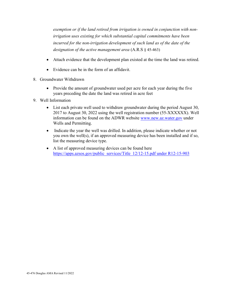 Form 45-476 Application for Notice of Type 1 Non-irrigation Grandfathered Right in an Active Management Area Pursuant to a.r.s. 45-476 - Douglas Ama - Arizona, Page 6