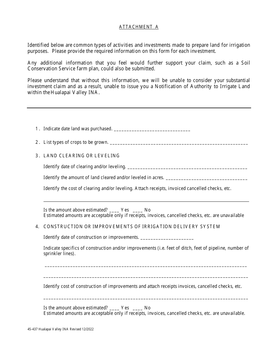 Form 45-437 Attachment A Substantial Capital Investment - Hualapai Valley Ina - Arizona, Page 1