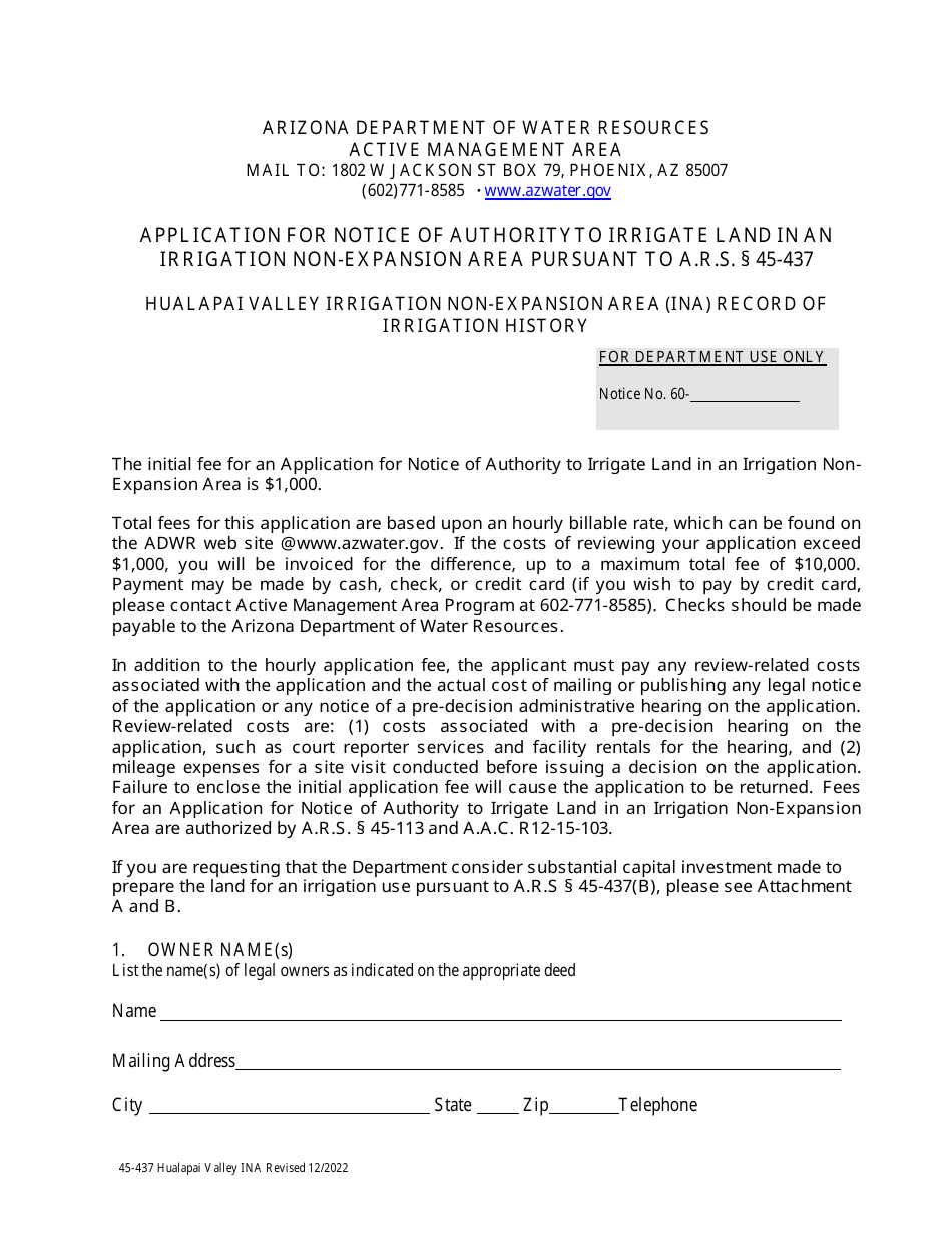 Form 45-437 Application for Notice of Authority to Irrigate Land in an Irrigation Non-expansion Area Pursuant to a.r.s. 45-437 - Hualapai Valley Irrigation Non-expansion Area (Ina) Record of Irrigation History - Arizona, Page 1