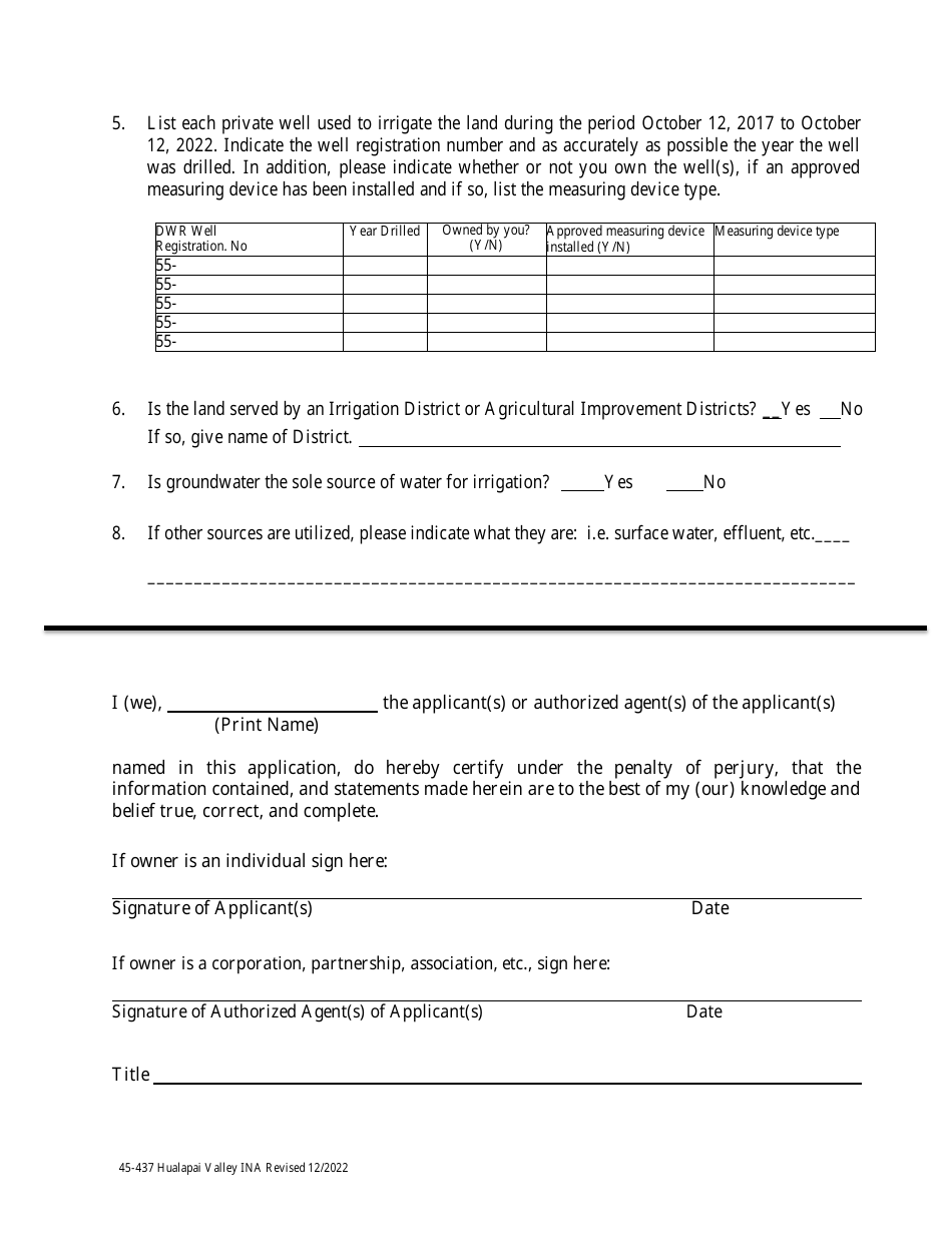 Form 45-437 Application for Notice of Authority to Irrigate Land in an Irrigation Non-expansion Area Pursuant to a.r.s. 45-437 - Hualapai Valley Irrigation Non-expansion Area (Ina) Record of Irrigation History - Arizona, Page 3