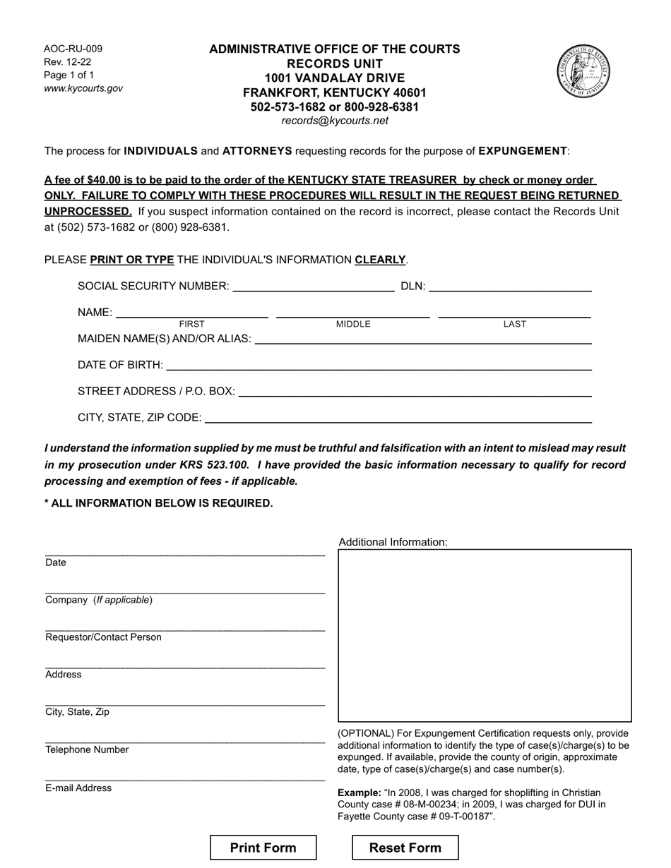 Form AOC-RU-009 Expungement Certification Request - Kentucky, Page 1