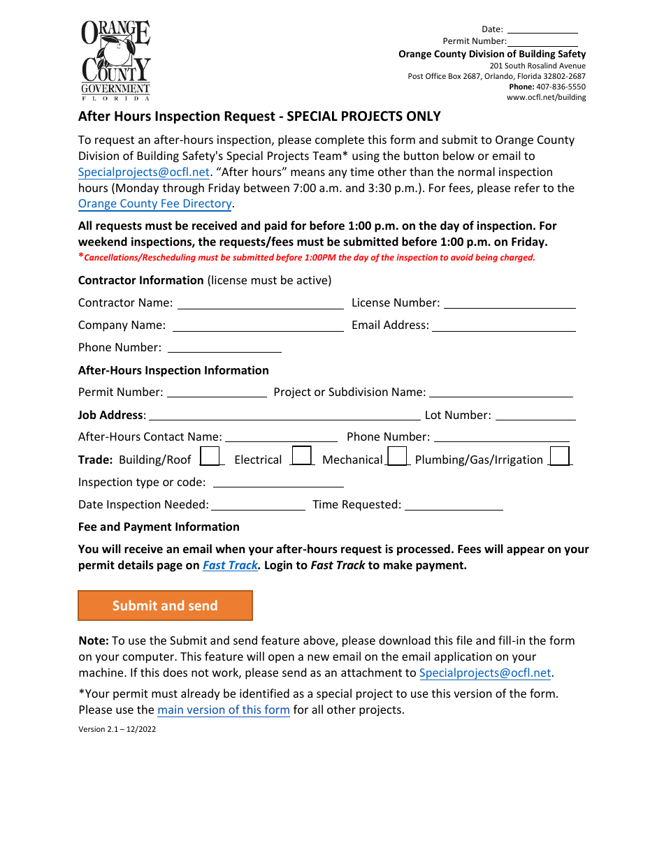 Orange County, Florida After Hours Inspection Request Special