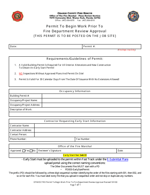 Permit to Begin Work Prior to Fire Department Review Approval - Orange County, Florida Download Pdf