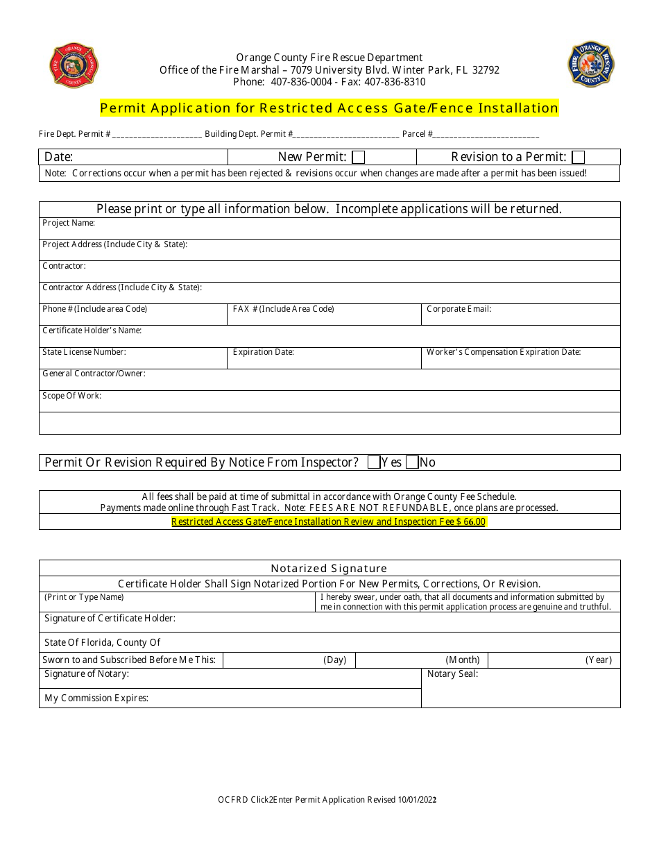 Permit Application for Restricted Access Gate / Fence Installation - Orange County, Florida, Page 2