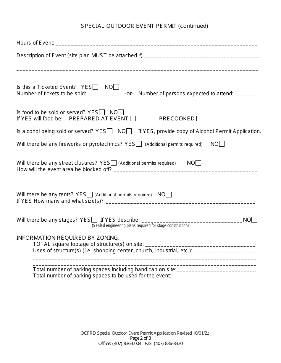 Permit Application for Special Outdoor Event - Orange County, Florida, Page 2