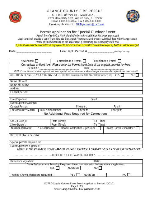Permit Application for Special Outdoor Event - Orange County, Florida Download Pdf