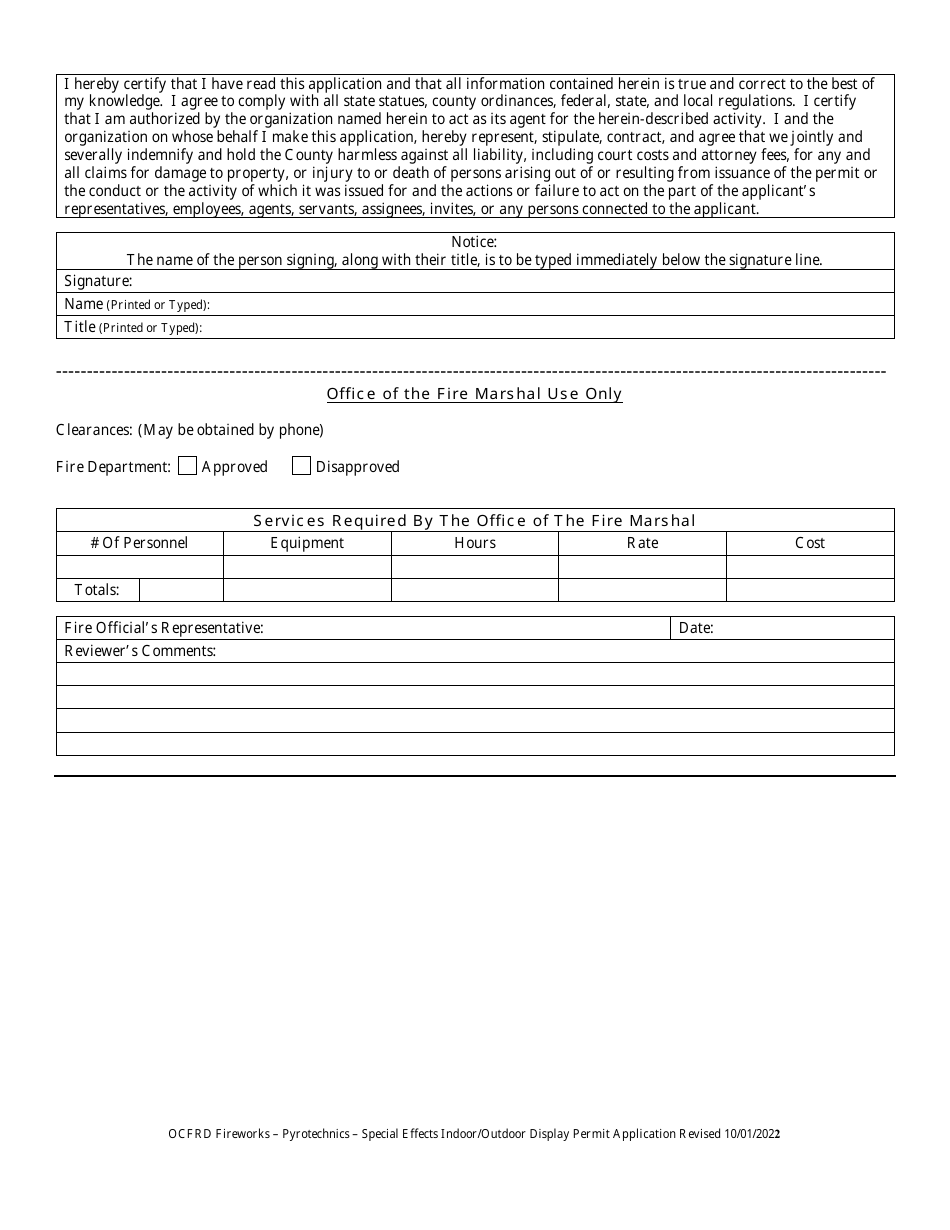 Orange County, Florida Pyrotechnics/Open Flame Permit Application