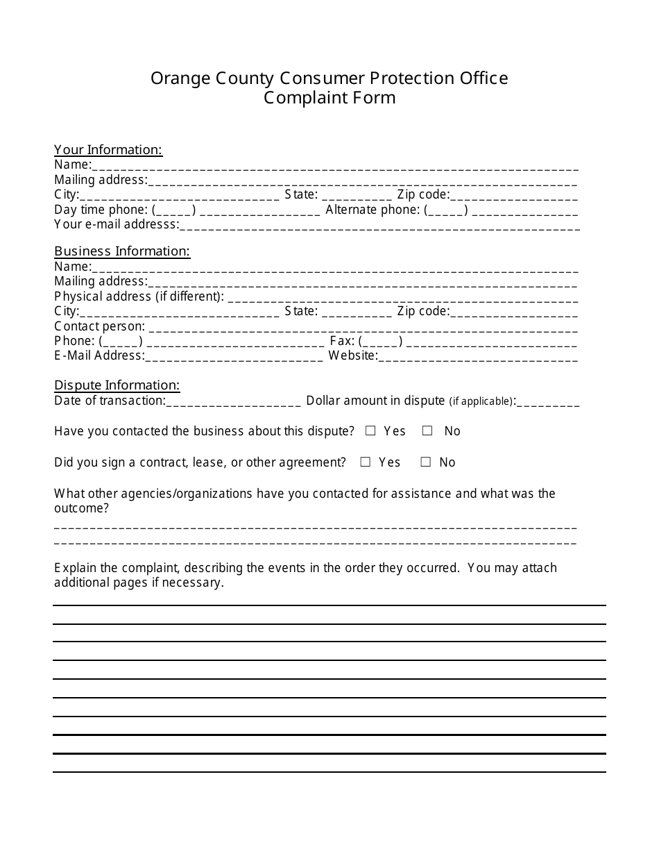 Complaint Form - Orange County, Florida, Page 1